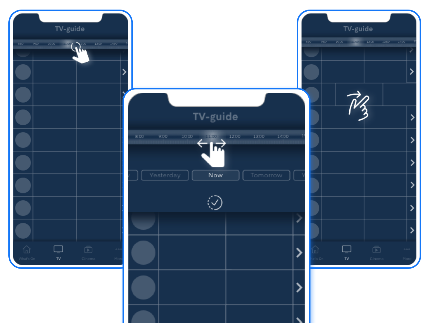 Mobile wireframes: swipe, tap, and scroll gesture patterns for timeline navigation